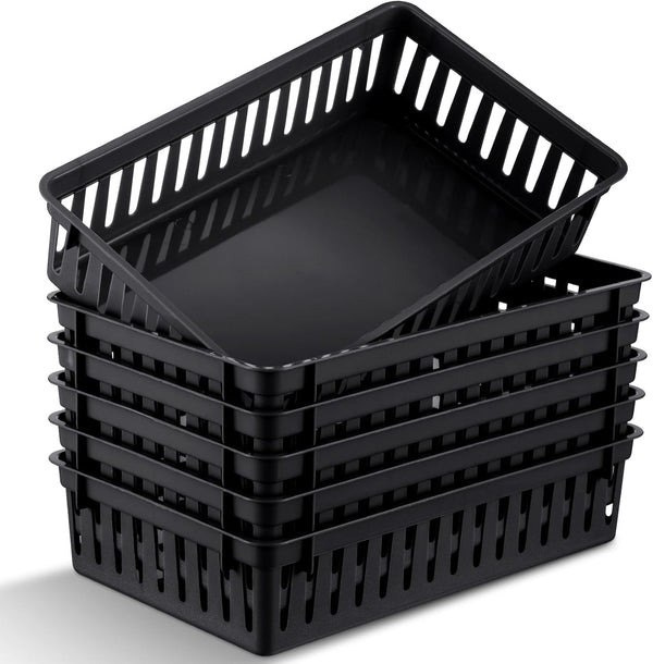 6 Pack Plastic Basket - 10.24 x 6.5 x 2.36 Inch Small Storage Bins for Organizing Shelves, Home Desks, Crafts, Black