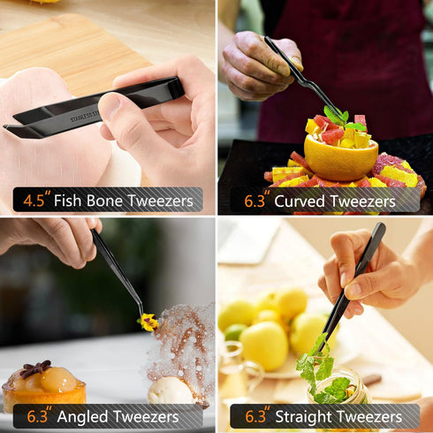 JETKONG 6 Pcs Cooking Tweezer Tongs, 12'' and 6.3" Stainless Steel Set for Cooking, BBQ, Seafood