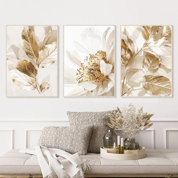 Abstract Golden White Flower Leaves Wall Art Posters, Modern Plant Landscape Canvas Prints for Living Room Decor