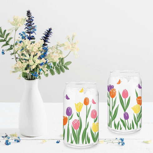 Whaline 2 Pack Spring Iced Coffee Cup, Colorful Tulip Flower Glasses with Lid, Straw, Cleaning Brush for Home Gifts