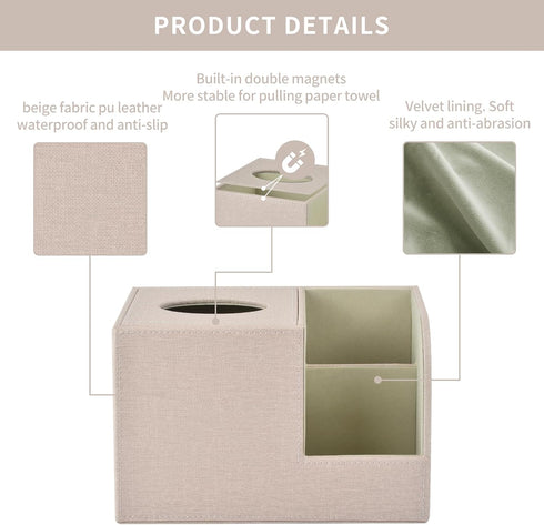 PU Leather Square Tissue Box Cover, MultiFunctional Holder for Tissue and Remote Control, Decorative Desk Organizer for