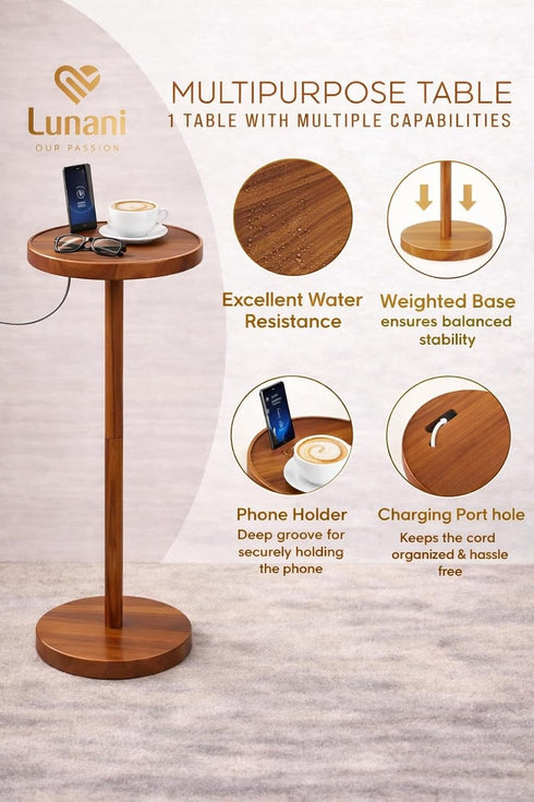 Lunani OUR PASSION 24 2 Drink Table for Small Spaces Pedestal Side Table with Stable Base, Phone Holder & Coasters