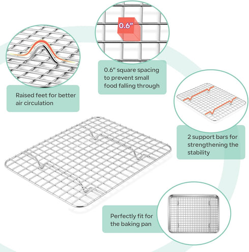 TeamFar Toaster Oven Pan with Cooling Rack Set, 10.5’’ x 8’’ Stainless Steel Baking Pan Tray with Mini Grid Rack
