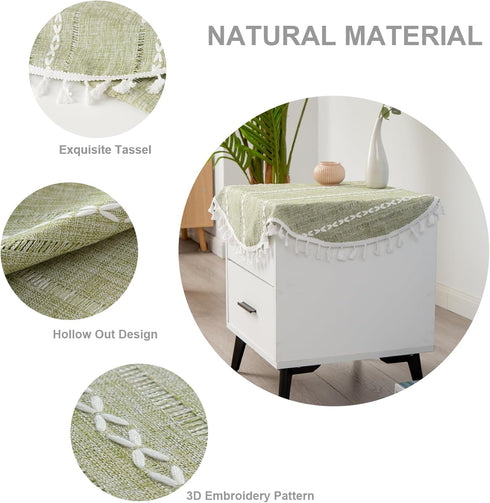 24 Inch Rustic Linen Bedside Round Small Tablecloth Striped Embroidered Washable Sage Green Table Cover Farmhouse