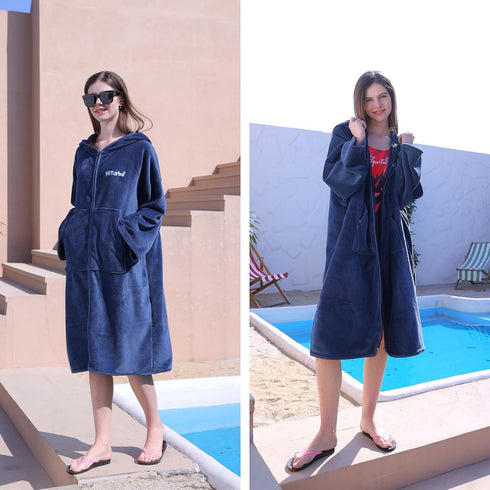 Hiturbo Surf Poncho Zipper Towel Hoodie: Oversized Hooded Wetsuit Changing Robe with Pocket - Plush Coral Fleece