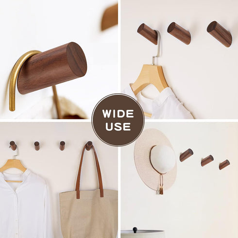 Wooden Wall Hooks, 2 Pack Coat Hooks Wall Mount, Heavy Duty Hooks for Hanging Towels and Coats (Walnut Wood)
