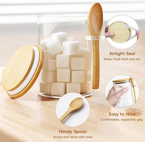Container,15 Pack 1 Sugar Jar Glass Salt Ounces Clear Airtight Caning with Bamboo Lid and Spoon Scoop, Storage