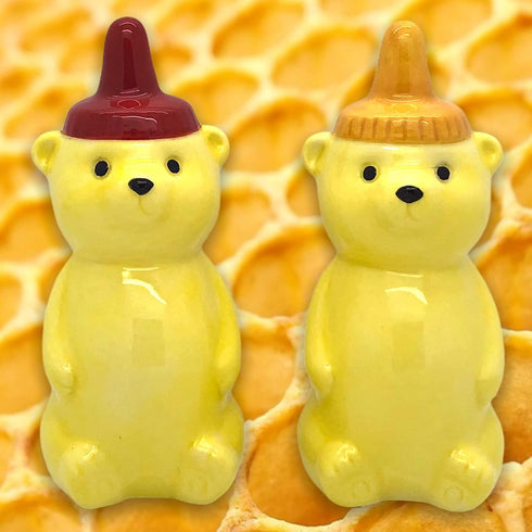 Ceramic Honey Bear Salt and Pepper Shakers Set - Yellow and Red Glazed Decorative Kitchen Condiment Dispenser