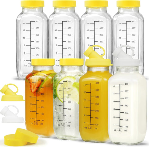 Essmilkee 16 oz Reusable Glass Juice Bottles with Airtight Lid, Glass Pitchers with