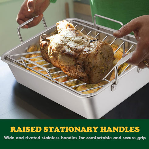 E-far Roasting Pan - 16 x 11.5 Inch Stainless Steel Turkey Roaster with Rack, Deep Broiling Pan, Easy Clean