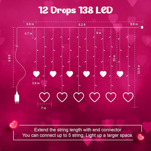 12 138 8 Valentines Day Decor, Pink Love Heart String Lights for Bedroom, Hearts LED Fairy Twinkle Lights with Remote
