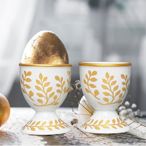 Set 2 Cinf Ceramic Egg Cup of Champagne Gold Porcelain Holder Breakfast Boiled Cooking Easy to Clean Childhood Memories
