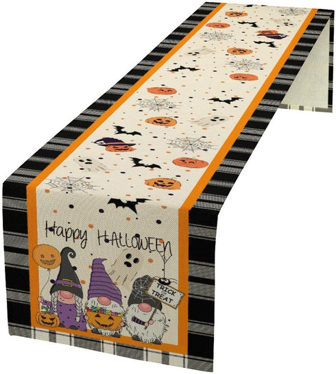 Nitmbi Halloween Table Runner,Buffalo Plaid Gnome Bat Pumpkin Ghost Pattern Retro Table Runner