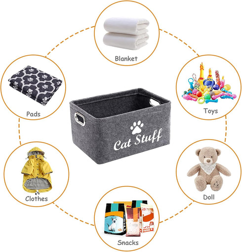 Felt Cat Toy Basket,Foldable Pet Toy Storage Bins with Handles, Pet Stuff Organizer for Indoor Cat,Kitten Toy Storage