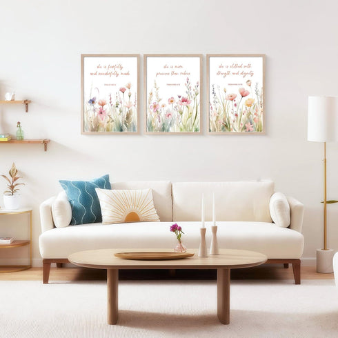3Pcs 12x16in Christian Floral Scripture Canvas Wall Art, Wildflower Bible Verse Posters Wall Decor, Psalm Religious
