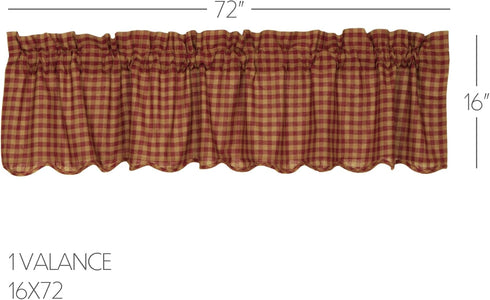 VHC Brands Burgundy Check Primitive Valance, 16"x72", Red Rod Pocket Cotton Kitchen Curtains