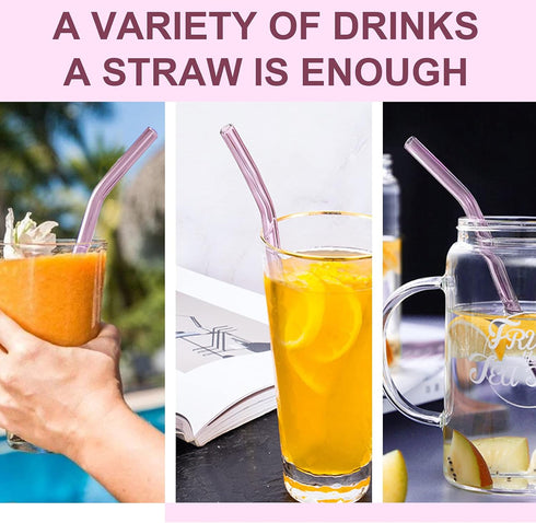 10 Pack Reusable Pink Glass Straws, 8" Shatter-Resistant Bent Drinking Straws with 2 Cleaning Brushes, Dishwasher Safe