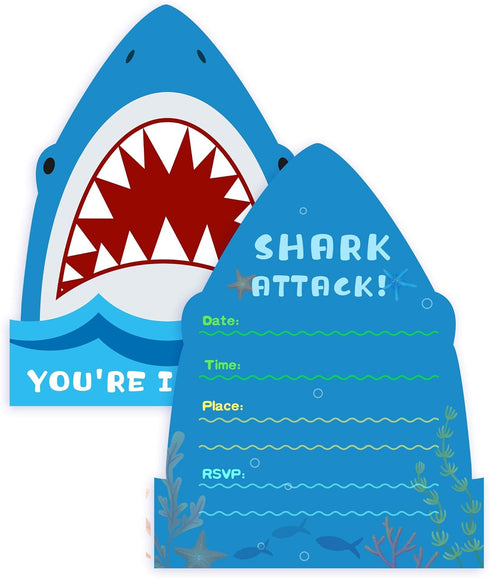 Yangmics Direct 25 Pack Shark Birthday Party Invitations with Envelopes, Double Sided Fill-In