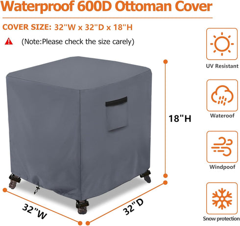 Square,600D 32" 32" 18" Waterproof Outdoor Ottoman Cover Heavy Duty Patio Small Side Table Cover,Patio Furniture Covers
