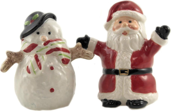 Christmas Santa & Snowman North Pole Winter Ceramic Magnetic Salt Pepper Shakers