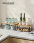 SONGMICS Kitchen Organizer Shelf Set of 2, Stackable Expandable Metal and Engineered Wood, Ink Black and Natural Beige