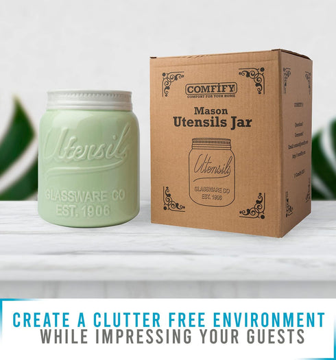 Comfify Wide Mouth Mason Jar Utensil Holder, Decorative Kitchenware Organizer Crock, Green, Large Size 7" Height