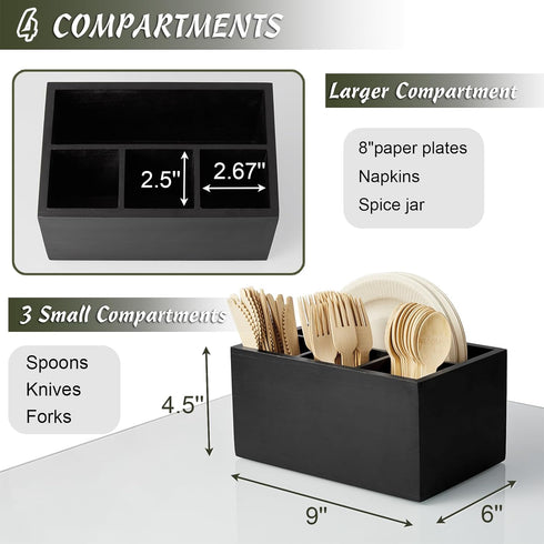 Wooden Utensil Holder, Silverware Caddy, Black Picnic Cutlery Holder, Plastic Silverware Caddy for Party, Camping,