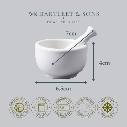 WM Bartleet & Sons 1750 Traditional Porcelain Mini Mortar & Pestle, White, 7cm
