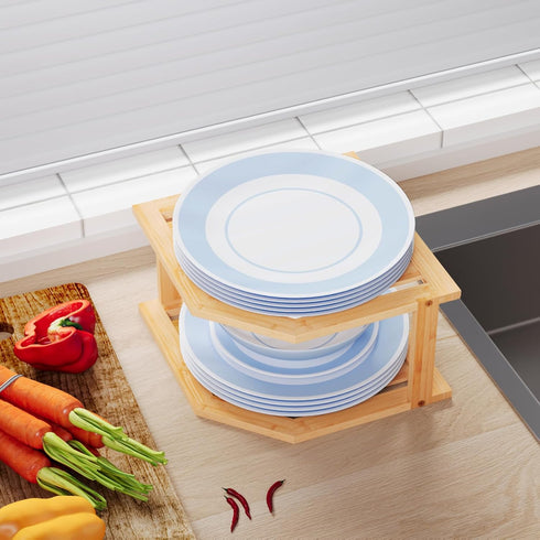 Bamboo Corner Shelf for Cabinet, Plate Organizer for Kitchen and Bathroom Countertop (2pc)