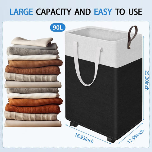 HomeHacks Rolling Large Laundry Hamper, Waterproof Collapsible Basket on Wheels for Bathroom & Bedroom