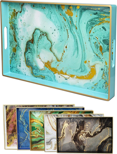 Turquoise Marbling Decorative Tray with Handles, Morden Plastic Rectangular Serving Tray for