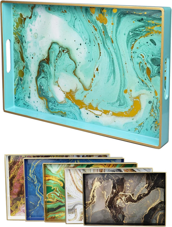 Turquoise Marbling Decorative Tray with Handles, Morden Plastic Rectangular Serving Tray for