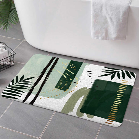 Green Mid Century Bath Rugs, Modern Boho Geometric Abstract, Non Slip Flannel Bathroom Rug, 17x29 Inch