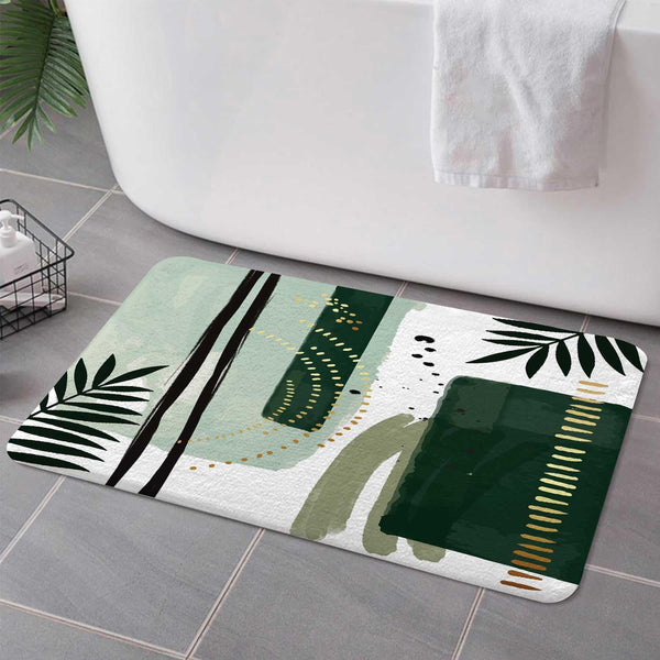 Green Mid Century Bath Rugs, Modern Boho Geometric Abstract, Non Slip Flannel Bathroom Rug, 17x29 Inch