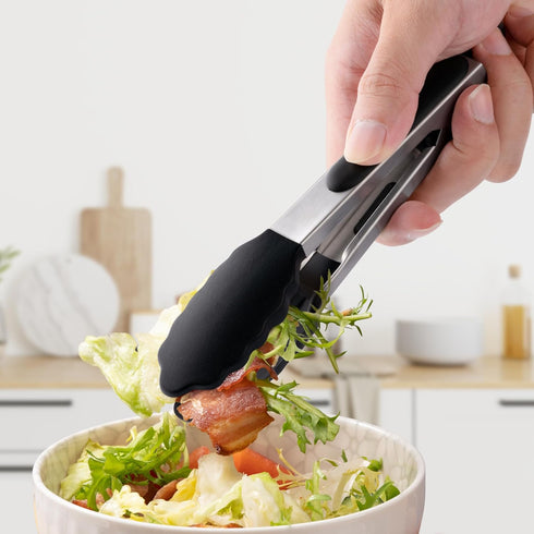 7 Inch Mini Tongs, Pack of 3 Short Silicone Tongs with Stainless Steel Tips for Cooking and Barbecue