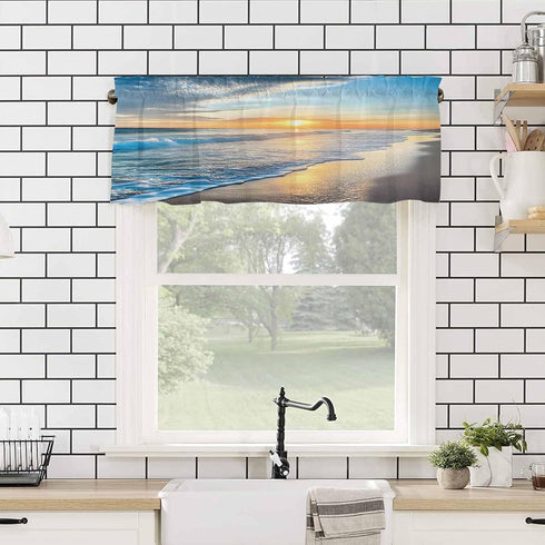 Hostline Sunset 42"x18" Valances Curtains for Living Room Beautiful Seascape Waves and Beach Semi Sheer Valance