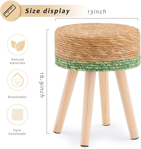 17-Inch Handwoven Outdoor Ottoman, Water Hyacinth Pouf Round Patio Footstool with Wood Legs, Multipurpose Vanity Stool