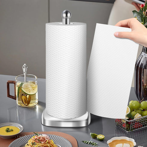 DAWNER Paper Towel Holder Countertop with Weighted Suction Cup Base, Tear with One Hand, Stainless Steel Kitchen Paper Towel Stand, Freestanding Holder for Kitchen, Bathroom, Paper Towel Rolls