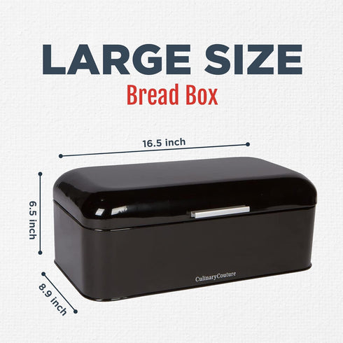 Culinary Couture Extra Large Black Bread Box - Holds 2 Loaves, 16.5" x 9" x 6.5", Stainless Steel Vintage
