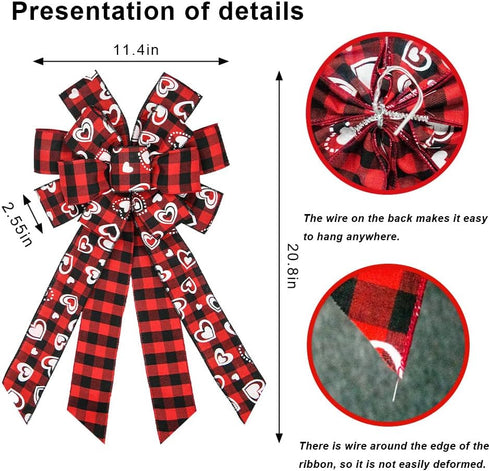 Hying Large Valentines Wreath Bow, Black Red Buffalo Plaid Bows for Holiday Hearts, Burlap Tree Topper for Front Door