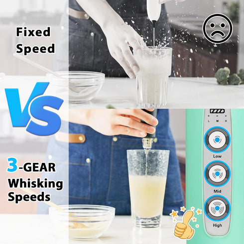 Milk Frother Rechargeable Handheld Electric Whisk 3 Speed Adjustable, Coffee Frother Wand with 3 Stainless Whisks,
