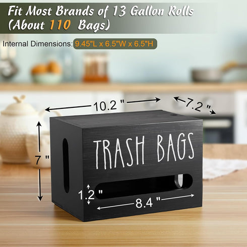 13-gallon Countertop, DRASTAR Trash Bag Dispenser, Large Wooden Trash Bag Holder Wall Mount, Black Roll Holder