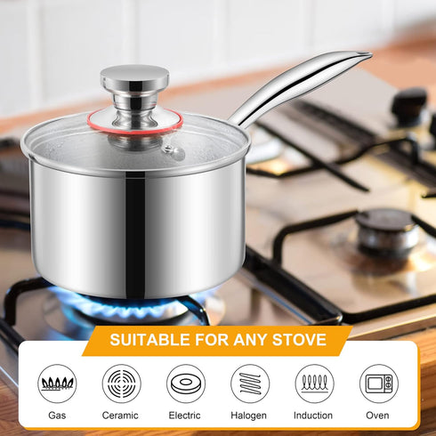 LIANYU 1QT Tri-Ply Stainless Steel Saucepan with Lid, Small Cooking Pot for Pasta, Soup