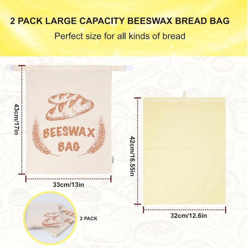 BERBAM 2 Pack Freshness,13X17 inch Beeswax Bread Bags with Replaceable Liners,Reusable Bread Bags for Homemade Bread