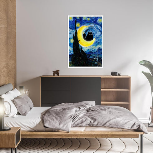 TYOHU Funny Starry Night Cat Canvas Wall Art, 24x36in Unframed Black Cat Poster Colorful Abstract Farmhouse Decor