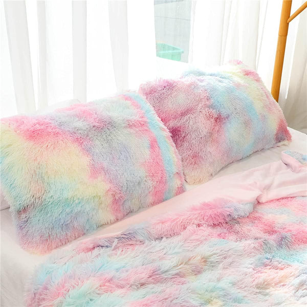 Plush Standard/Queen Pillowcase 2 Pack, Rainbow Tie Dye Super Soft Fluffy Faux Fur Pillow Cases with Zipper