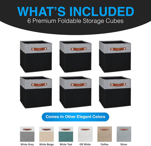Pomatree 11 Inch Cube Storage Bin - 6 Pack, Linen Fabric Cubby Storage Bins for Bedroom, Living Room, Clothes & Toys