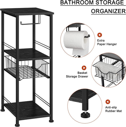 OYEAL Toilet Paper Storage Cabinet, Black Small Bathroom Side Shelf with Drawer for Bathroom, Laundry Room