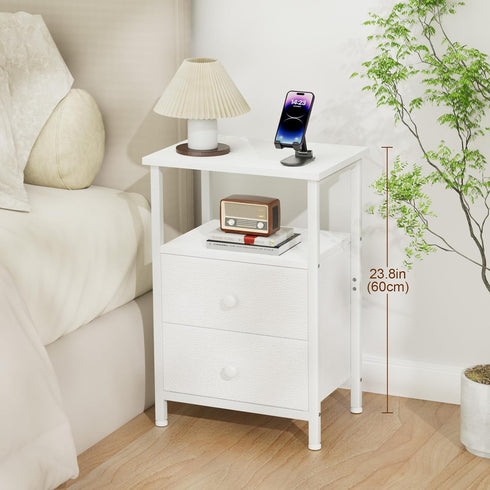 2 HETS002WP-1 LOAKEKEL Night Stand, Nightstand with Fabric Drawers for Bedroom, Small End Table with Open Storage Shelf