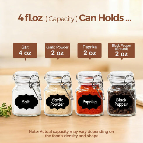 Set 12 (4 Oz), ComSaf of Square Glass Spice Jars with Airtight Lids Mini Favor Jars with Wire Clamp for Honey, Herbs
